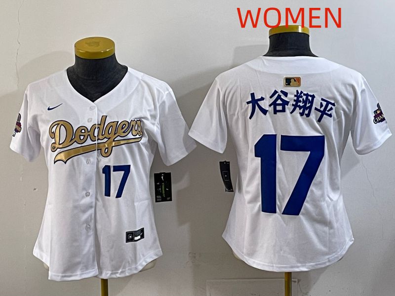 Women Los Angeles Dodgers 17 Ohtani White Champion edition Nike MLB Jersey style 004